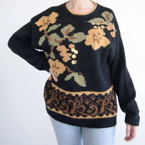 Vintage  DB sport by David Benjamin Black Knit w Floral & Coins Design Sweater L